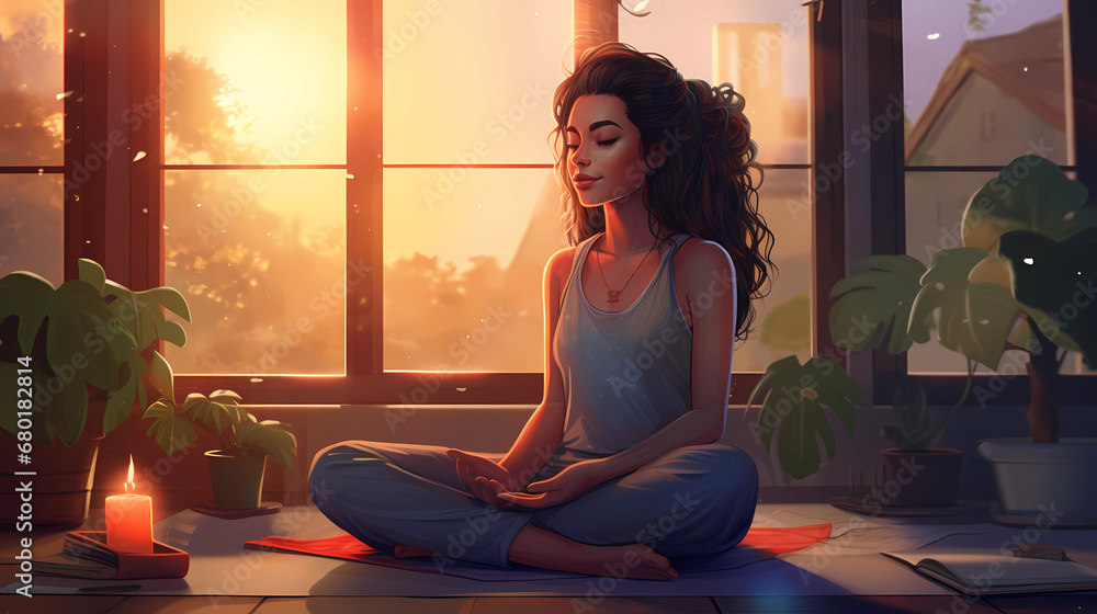 Illustration of a woman practicing meditation, yoga, relaxation in her calm and cozy home, with tranquility, peaceful mind, well-being and serenity - Generated by Generative AI
Illustration of a woman practicing meditation, yoga, relaxation in her calm and cozy home, with tranquility, peaceful mind, well-being and serenity - Generated by Generative AI
