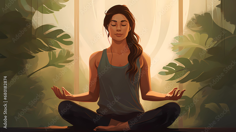 
Illustration of a woman practicing meditation, yoga, relaxation in her calm and cozy home, with tranquility, peaceful mind, well-being and serenity - Generated by Generative AI