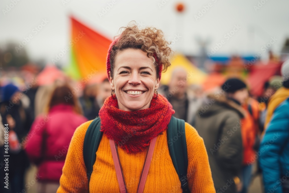 Portrait of a cheerful woman in her 40s dressed in a comfy fleece pullover against a vibrant festival crowd. AI Generation