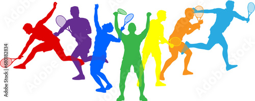 Silhouette Tennis male men players set. Active sports people healthy players fitness silhouettes concept.