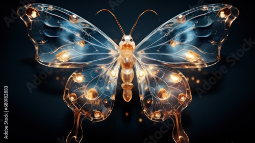  a butterfly with glowing lights on it's wings and wings, with a blue and yellow pattern on it's wings, against a dark background with a black background.
