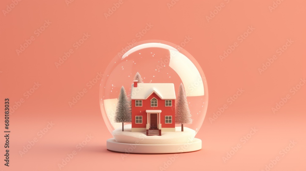 a snow globe with a red house inside of it on a pink surface with a tree in the middle of the globe and a red house in the middle of the globe.