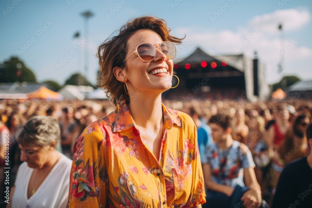 Portrait of a content woman in her 40s sporting a vented fishing shirt against a vibrant festival crowd. AI Generation