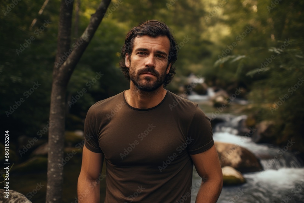 Portrait of a satisfied man in his 30s donning a trendy cropped top against a tranquil forest stream. AI Generation Portrait of a satisfied man in his 30s donning a trendy cropped top against a tranquil forest stream. AI Generation