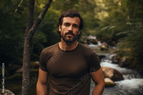 Portrait of a satisfied man in his 30s donning a trendy cropped top against a tranquil forest stream. AI Generation
