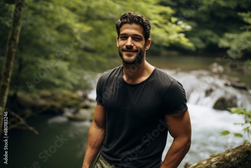 Portrait of a satisfied man in his 30s donning a trendy cropped top against a tranquil forest stream. AI Generation