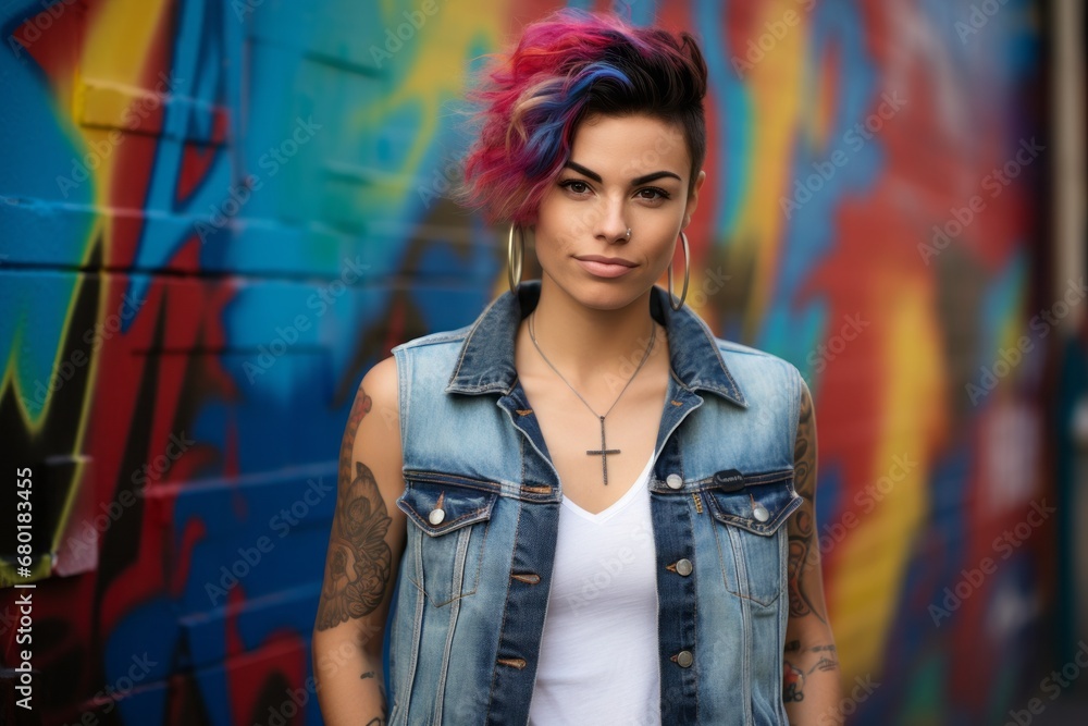 Naklejka premium Portrait of a content woman in her 30s wearing a rugged jean vest against a vibrant graffiti wall. AI Generation