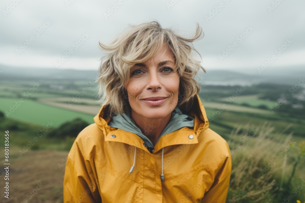 Portrait of a content woman in her 50s wearing a lightweight packable anorak against a backdrop of an idyllic countryside. AI Generation Portrait of a content woman in her 50s wearing a lightweight packable anorak against a backdrop of an idyllic countryside. AI Generation