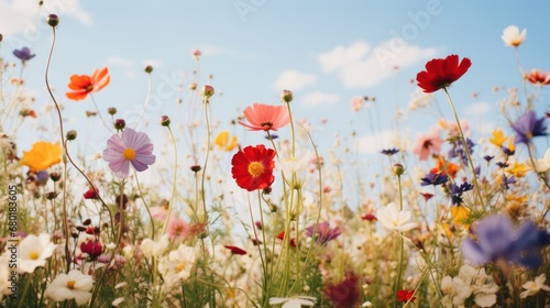  a field full of different colored flowers under a blue sky with a cloud filled sky in the middle of the picture is a field of wildflowers and daisies in the foreground.
