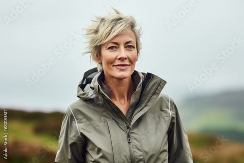Portrait of a content woman in her 50s wearing a lightweight packable anorak against a backdrop of an idyllic countryside. AI Generation photo