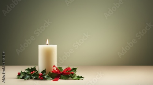  a white candle with a red ribbon and holly on a table with a red bow and a red ribbon on the end of the candle  with a green background.