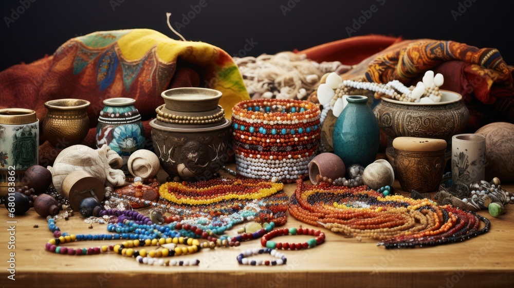  a wooden table topped with lots of different types of beaded bracelets and vases next to a pile of other beaded bracelets and vases on a wooden table.