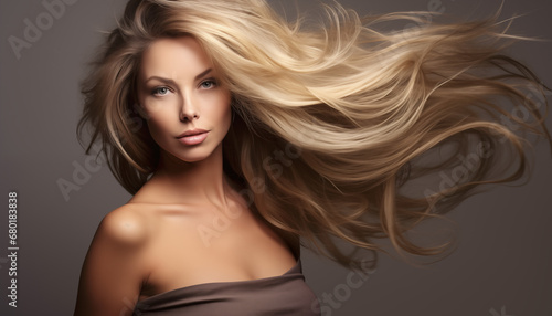 Sensual allure: In a striking portrait, a beautiful woman with blond hair embodies the essence of fashion and glamour, capturing timeless sophistication
