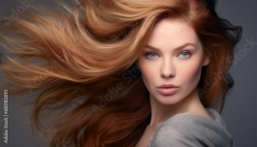 Radiant Redhead: Captivating Fashion Model with Long Hair in Studio Shot, a Glamorous Portrait of Beauty and Style.