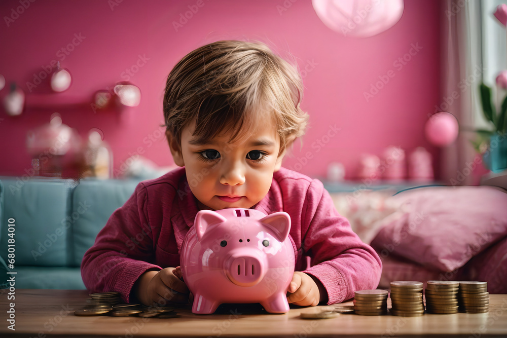 Little Child Cultivating Savings, Tenderly Tucking Coins into Piggybank Amidst a World of Innocence - obrazy, fototapety, plakaty 