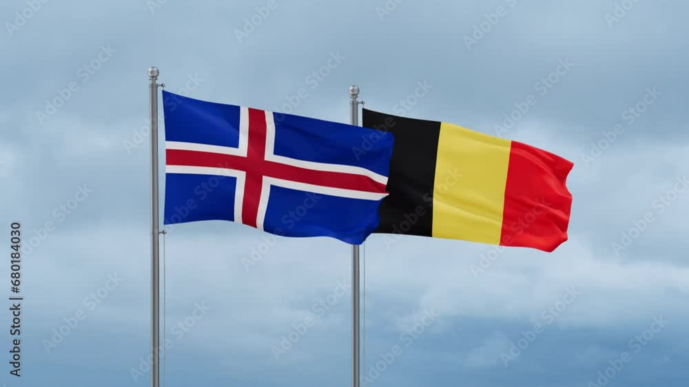 Belgium flag and Iceland flag waving together on cloudy sky, endless seamless loop, two country relations concept Belgium flag and Iceland flag waving together on cloudy sky, endless seamless loop, two country relations concept