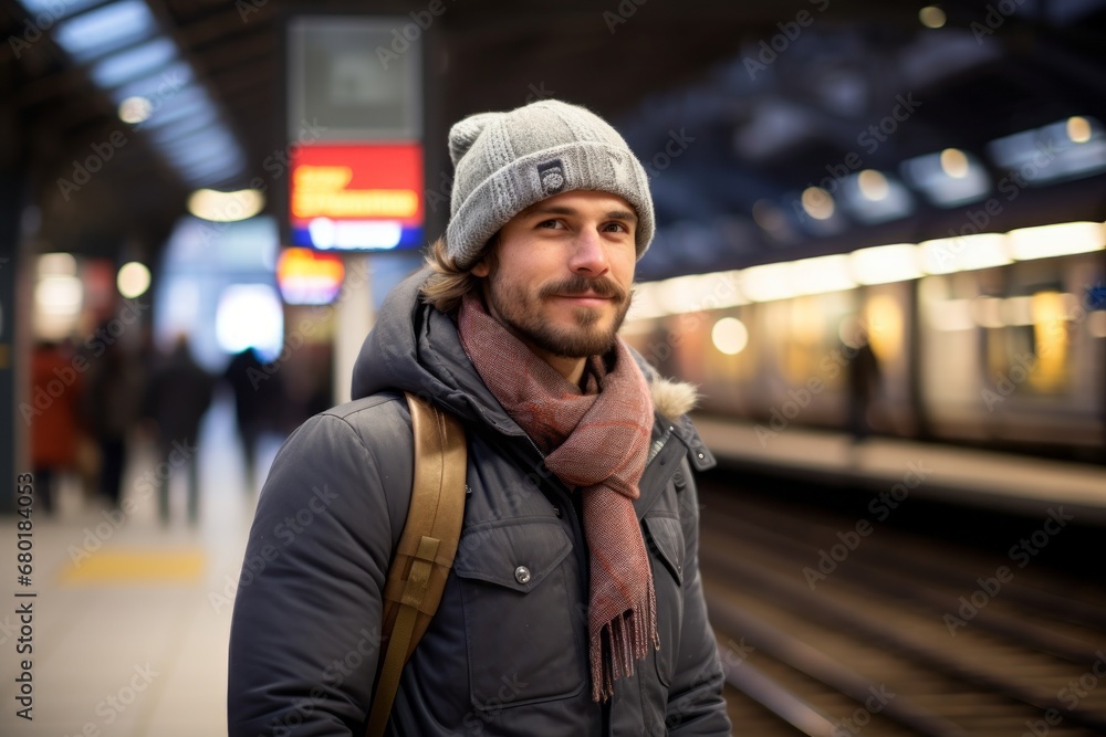 Portrait of a tender man in his 30s dressed in a warm ski hat against a modern city train station. AI Generation Portrait of a tender man in his 30s dressed in a warm ski hat against a modern city train station. AI Generation