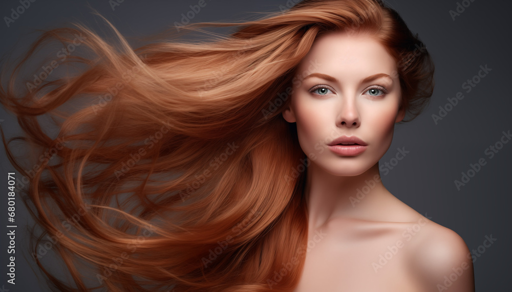 Sculpted Perfection: Close-up Studio Shot of a Beautiful Woman, Her Long Red Hair Flowing in the Wind, a Fashion Model's Portrait. Sculpted Perfection: Close-up Studio Shot of a Beautiful Woman, Her Long Red Hair Flowing in the Wind, a Fashion Model's Portrait.