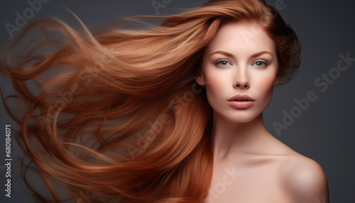 Sculpted Perfection: Close-up Studio Shot of a Beautiful Woman, Her Long Red Hair Flowing in the Wind, a Fashion Model's Portrait.