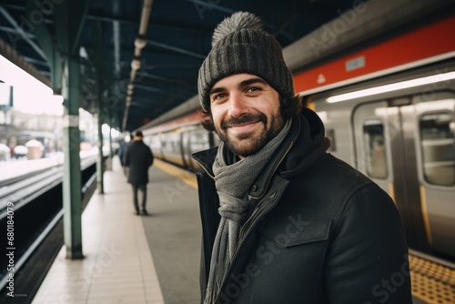 Portrait of a tender man in his 30s dressed in a warm ski hat against a modern city train station. AI Generation