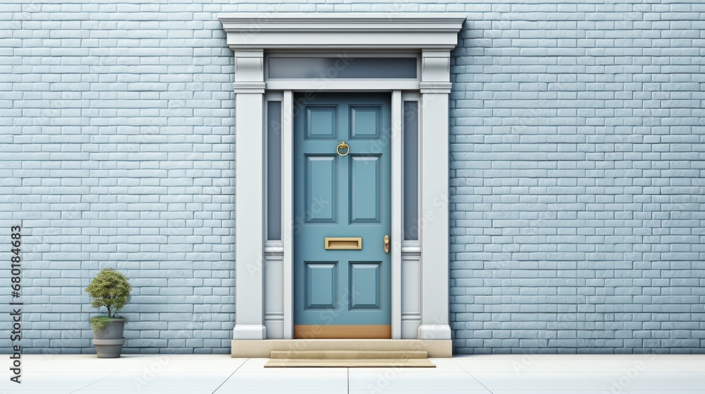  a blue door in front of a blue brick wall with a potted plant in the foreground and a potted plant in the foreground of the door. - obrazy, fototapety, plakaty 