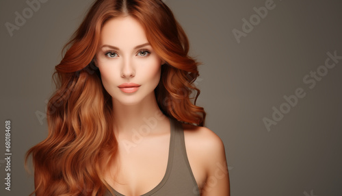 Captivating Allure: One Woman Only, a Young Fashion Model with Long, Shiny Red Hair, a Stunning Studio Shot of Elegance.