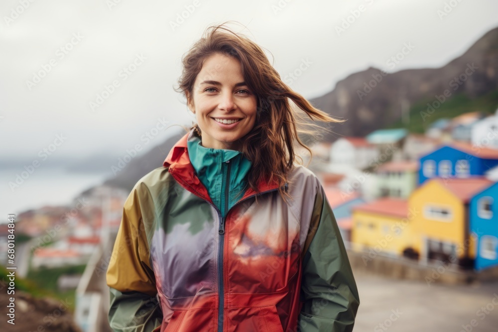 Portrait of a joyful woman in her 30s wearing a functional windbreaker against a picturesque seaside village. AI Generation Portrait of a joyful woman in her 30s wearing a functional windbreaker against a picturesque seaside village. AI Generation