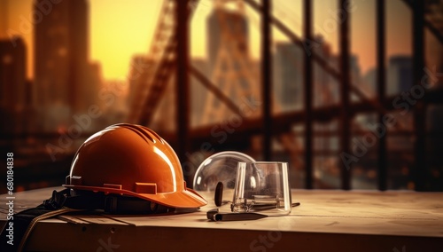 A bright orange construction helmet placed on a desk amidst architectural blueprints, conveying the essence of construction and engineering.