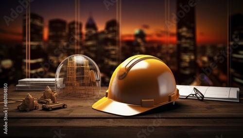 Construction helmet on a desk with blueprints, suitable for themes related to architecture and engineering.