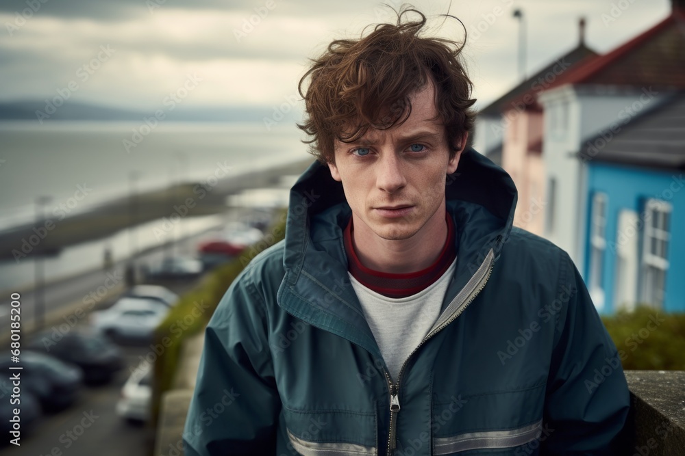 Portrait of a jovial man in his 20s wearing a lightweight packable anorak against a picturesque seaside village. AI Generation Portrait of a jovial man in his 20s wearing a lightweight packable anorak against a picturesque seaside village. AI Generation