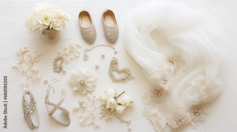 a white table topped with a bouquet of flowers next to a pair of shoes and a pair of shoes on top of a white table cloth covered with pearls and flowers. a white table topped with a bouquet of flowers next to a pair of shoes and a pair of shoes on top of a white table cloth covered with pearls and flowers.