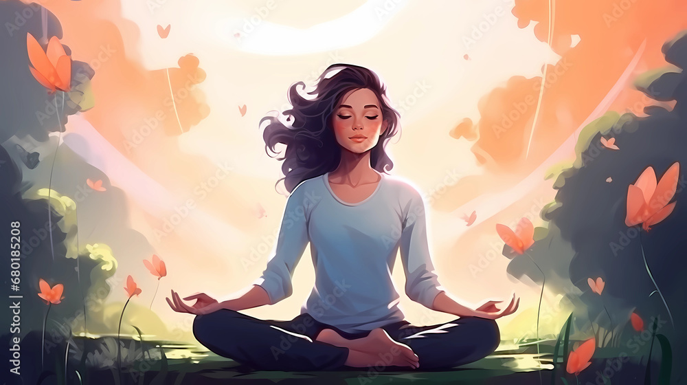 Illustration of a woman practicing meditation, yoga, relaxation in calm park, with tranquility, peaceful mind, well-being and serenity - Generated by Generative AI Illustration of a woman practicing meditation, yoga, relaxation in calm park, with tranquility, peaceful mind, well-being and serenity - Generated by Generative AI