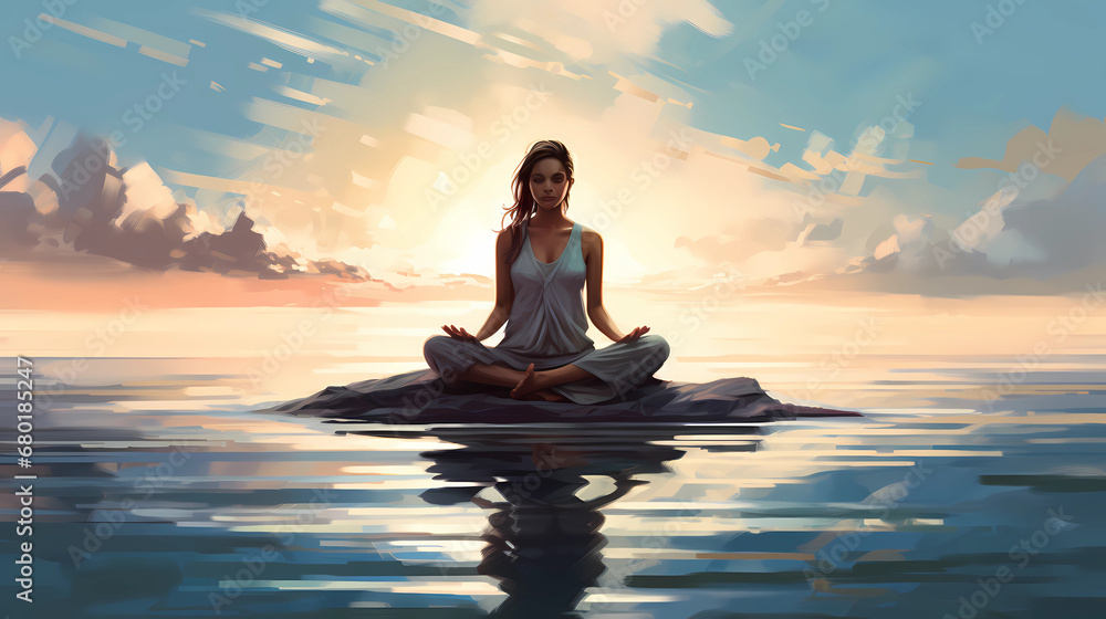  Illustration of a woman practicing meditation, yoga, relaxation in calm park, with tranquility, peaceful mind, well-being and serenity - Generated by Generative AI