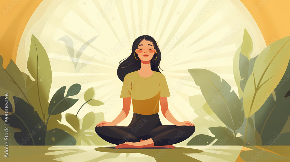  Illustration of a woman practicing meditation, yoga, relaxation in calm park, with tranquility, peaceful mind, well-being and serenity - Generated by Generative AI