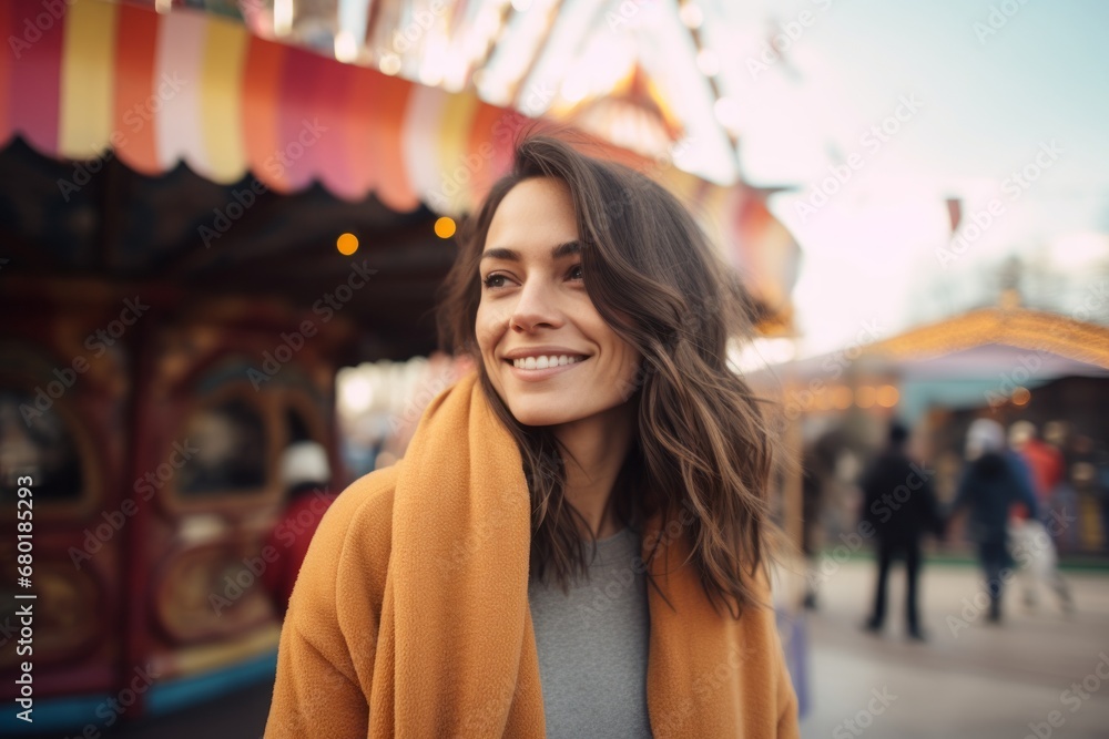 Portrait of a blissful woman in her 30s dressed in a warm wool sweater against a vibrant amusement park. AI Generation
