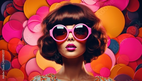 A woman with brown, short hair and oversized glasses, dressed in retro fashion, stands against a colorful background, perfect for vintage style or creative beauty concepts.