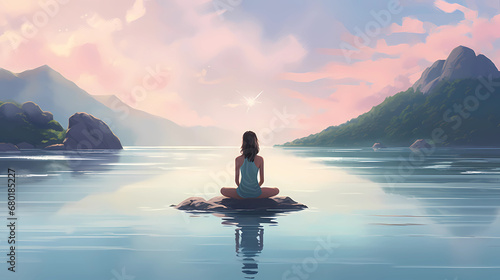  Illustration of a woman practicing meditation, yoga, relaxation in calm park, with tranquility, peaceful mind, well-being and serenity - Generated by Generative AI