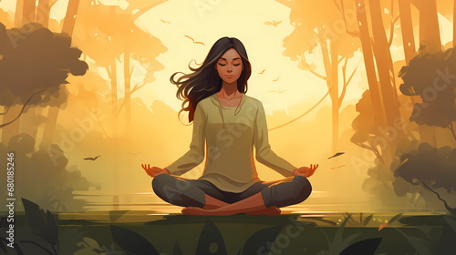 Wallpaper Mural  Illustration of a woman practicing meditation, yoga, relaxation in calm park, with tranquility, peaceful mind, well-being and serenity - Generated by Generative AI Torontodigital.ca