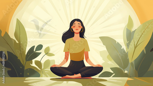 Wallpaper Mural  Illustration of a woman practicing meditation, yoga, relaxation in calm park, with tranquility, peaceful mind, well-being and serenity - Generated by Generative AI Torontodigital.ca