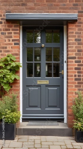  the front door of a brick building with two planters on either side of the door and a sign on the side of the door that says'welcome'welcome '.