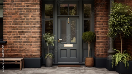  a front door of a brick building with potted plants on either side of the door and a bench on the other side of the front door of the building.