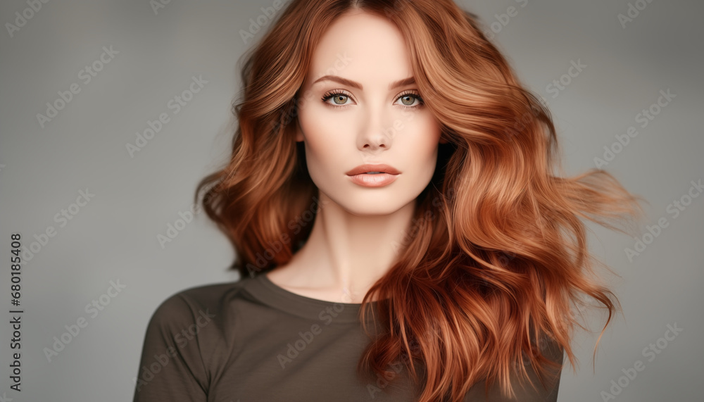 Eyes of Enchantment: Close-up Portrait of a Fashionable Redhead, Only Woman in Frame, Long Hair in Studio Shot of Beauty. Eyes of Enchantment: Close-up Portrait of a Fashionable Redhead, Only Woman in Frame, Long Hair in Studio Shot of Beauty.