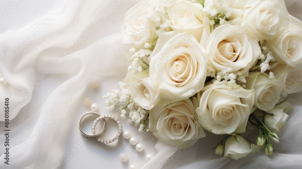  a bouquet of white roses and two wedding rings on a bed of white fabric with pearls and pearls on the end of the bouquet and a ring on the end of the bouquet. - obrazy, fototapety, plakaty 