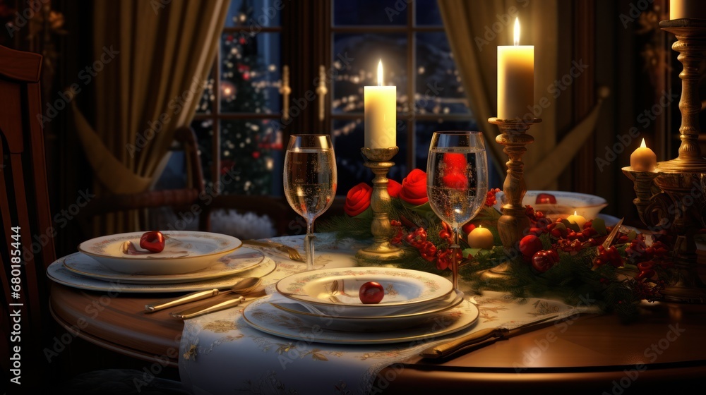  a table set for a holiday dinner with a view of the city lights and a lit candle in the middle of the table with place settings and place settings on the table.