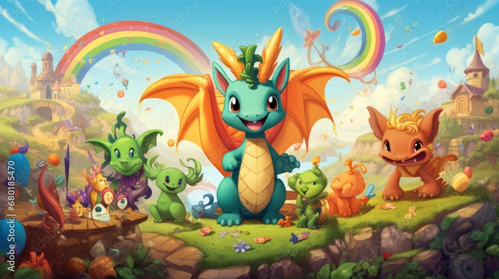 a cartoon picture of a dragon surrounded by many other small creatures and a rainbow in the sky in the background is a castle, a rainbow, a rainbow, and a few clouds, and a. a cartoon picture of a dragon surrounded by many other small creatures and a rainbow in the sky in the background is a castle, a rainbow, a rainbow, and a few clouds, and a.