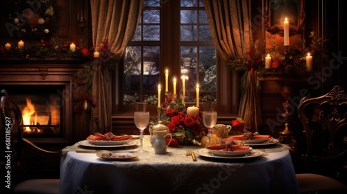  a dining room table with a lit candle in the middle of it and plates on the table in front of a fire place with candles on either side of the table.