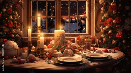  a table set for a christmas dinner with a lit candle in the middle of the table and christmas decorations on the side of the table in front of the window.