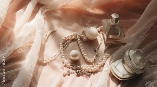 a necklace of pearls, a bottle of perfume, and a necklace of pearls are on a pink satin surface with a white lace curtain in the middle of the image. photo