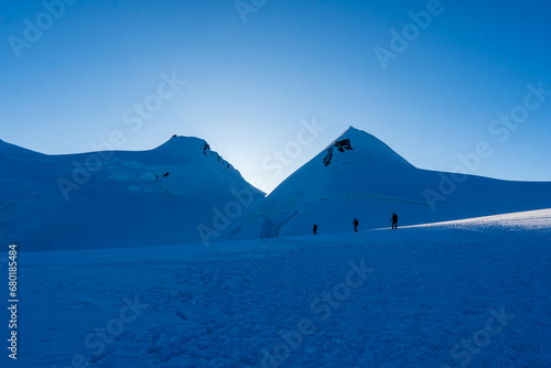 Winter Landscape in Monte Rosa Massif, Italy. Glacier on the mountain. Big glacier of Monterosa. magnificent monte rosa massif with several high summits.