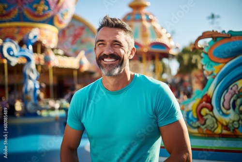 Portrait of a smiling man in his 40s showing off a vibrant rash guard against a vibrant amusement park. AI Generation
